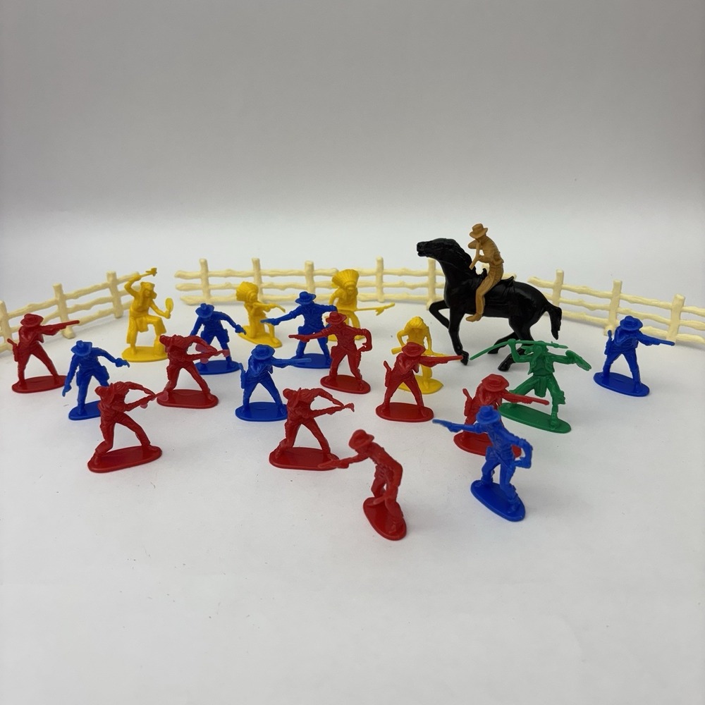 VTG Plastic Cowboys And Indians Toys Fence Horse Lot (24) Blue Red Yellow